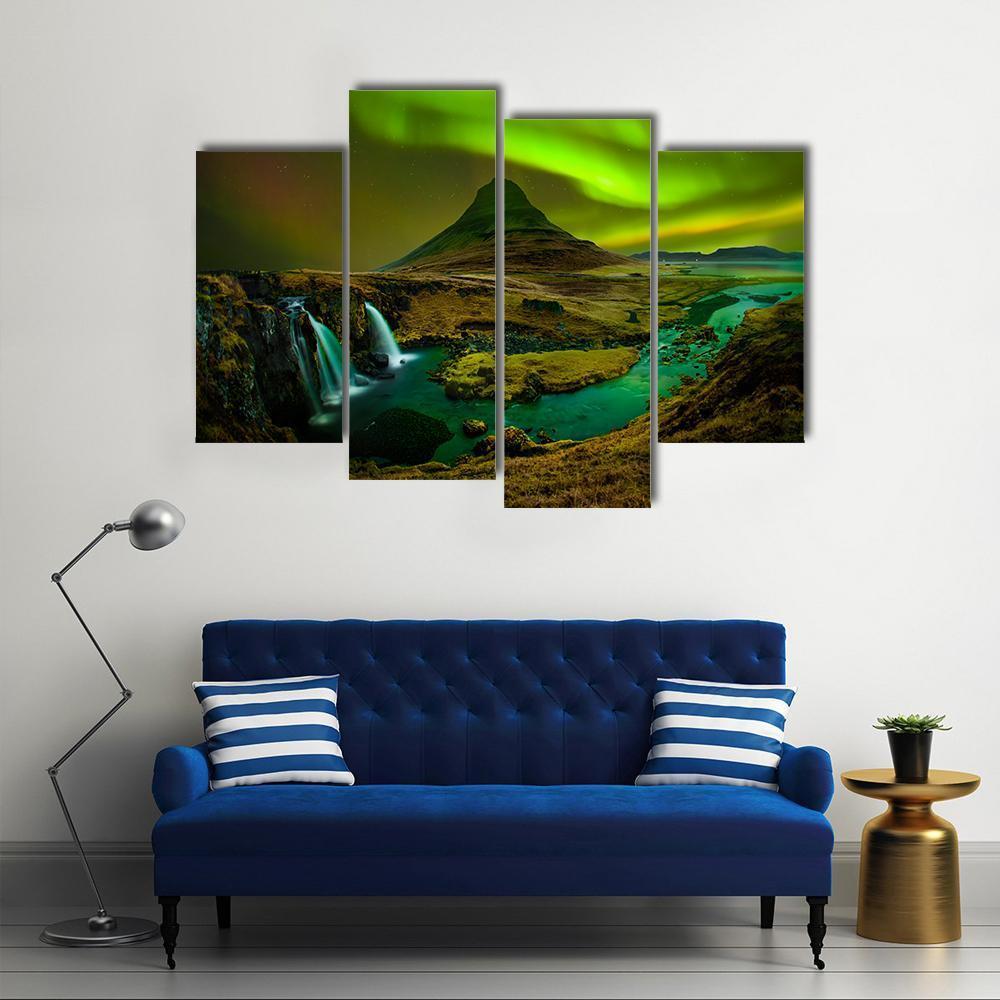 Aurora Over Kirkjufell Waterfall Canvas Wall Art in black, brown and green, 5 panel Pop layout hung on a wall