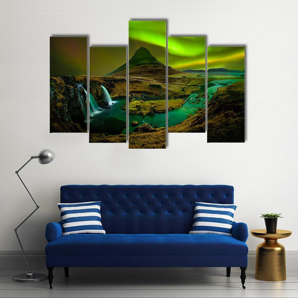 Aurora At Kirkjufell Waterfall Canvas Wall Art-5 Pop-Gallery Wrap-47" x 32"-Tiaracle
