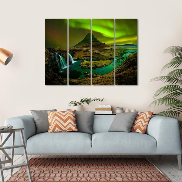 Aurora At Kirkjufell Waterfall Canvas Wall Art-4 Horizontal-Gallery Wrap-34" x 24"-Tiaracle