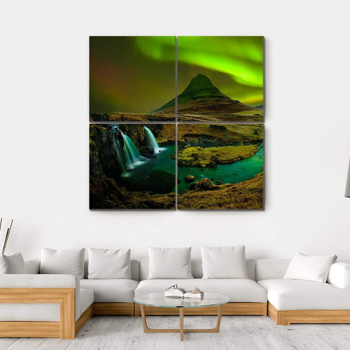 Aurora At Kirkjufell Waterfall Canvas Wall Art-4 Square-Gallery Wrap-17" x 17"-Tiaracle
