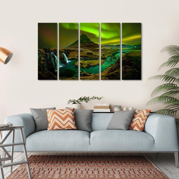 Aurora At Kirkjufell Waterfall Canvas Wall Art-5 Horizontal-Gallery Wrap-22" x 12"-Tiaracle