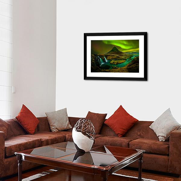 Aurora At Kirkjufell Waterfall Canvas Wall Art-5 Horizontal-Gallery Wrap-22" x 12"-Tiaracle