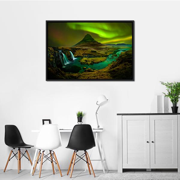 Aurora At Kirkjufell Waterfall Panoramic Canvas Wall Art-1 Piece-36" x 12"-Tiaracle