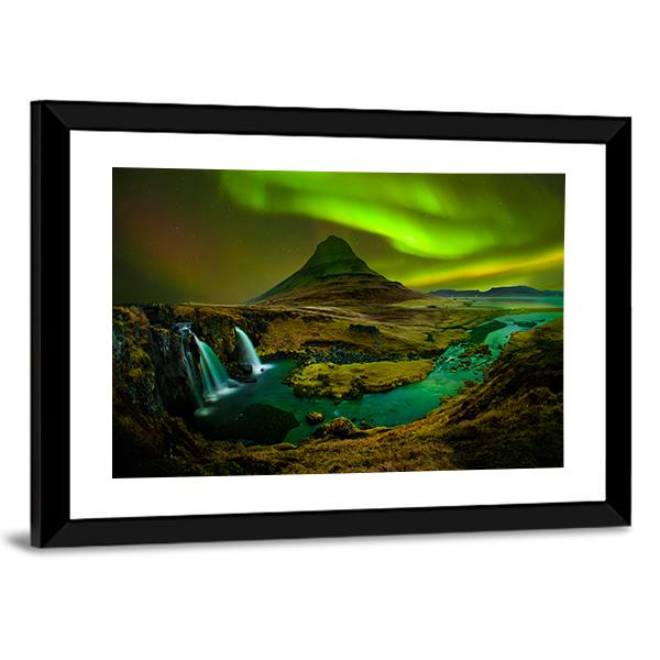 Aurora At Kirkjufell Waterfall Panoramic Canvas Wall Art-1 Piece-36" x 12"-Tiaracle