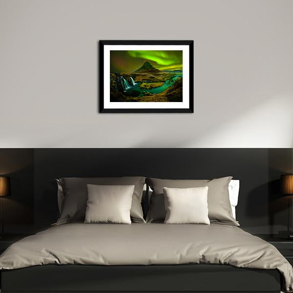 Aurora At Kirkjufell Waterfall Panoramic Canvas Wall Art-1 Piece-36" x 12"-Tiaracle