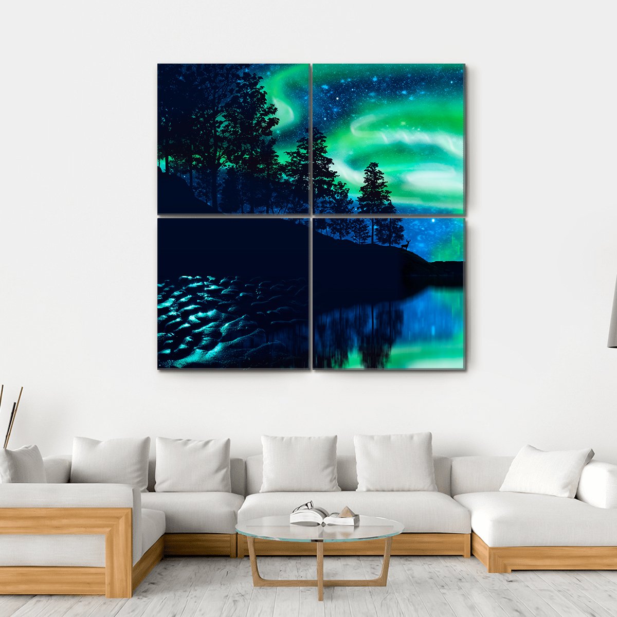 Aurora Borealis Over Lake Canvas Wall Art in black, green and blue, hung on a wall