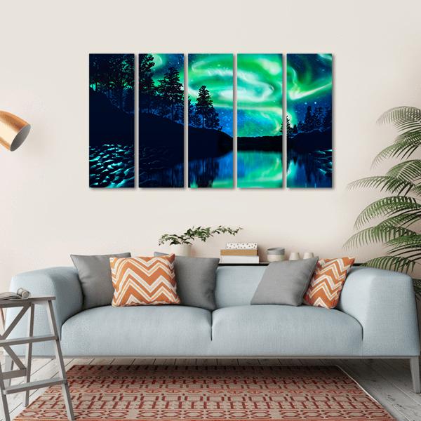 Aurora Borealis Over Lake Canvas Wall Art in black, green and blue, hung on a wall