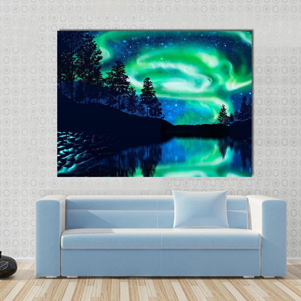 Aurora Borealis Above Lake Canvas Wall Art in black, green and blue, single panel hung on a wall