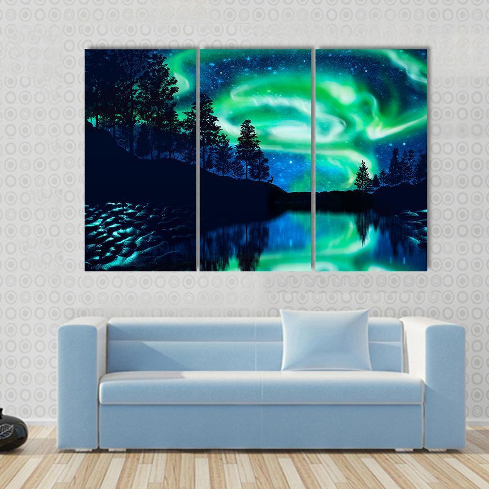 Aurora Borealis Above Lake Canvas Wall Art in black, green and blue, hung on a wall