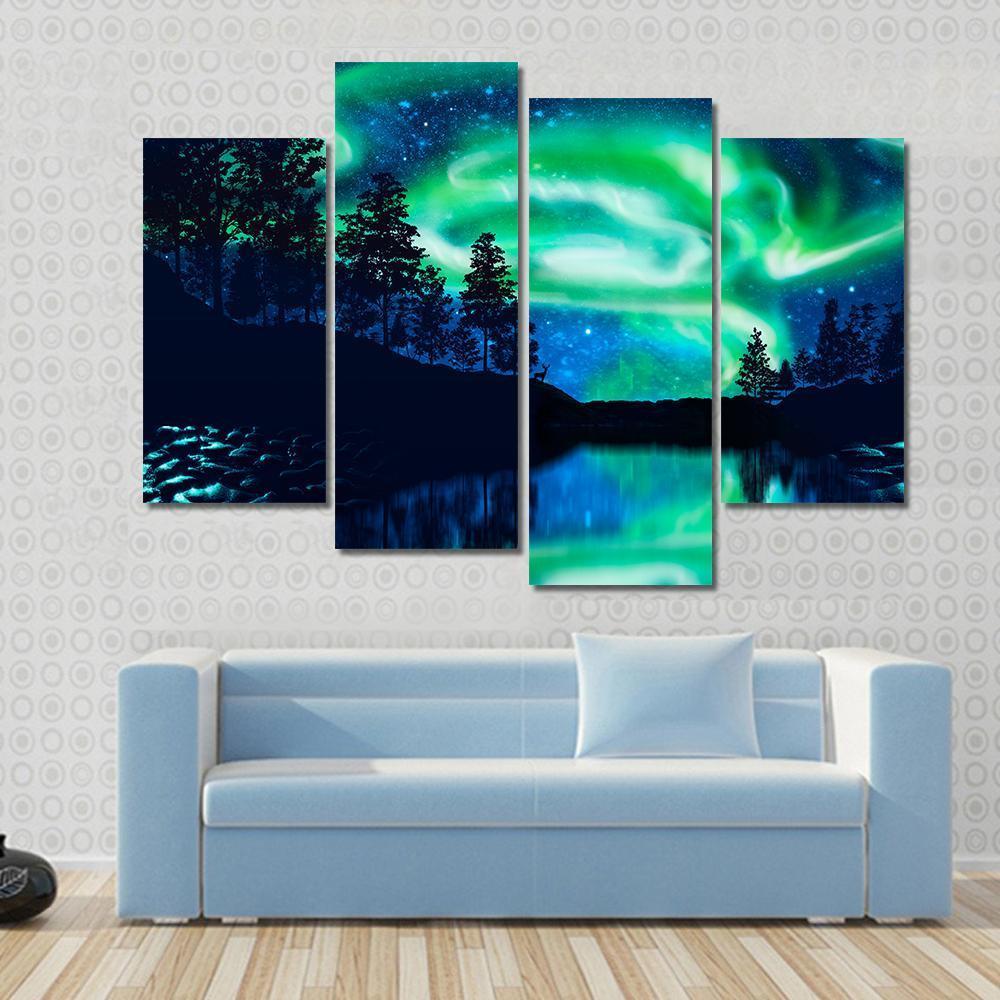 Aurora Borealis Above Lake Canvas Wall Art in black, green and blue, hung on a wall