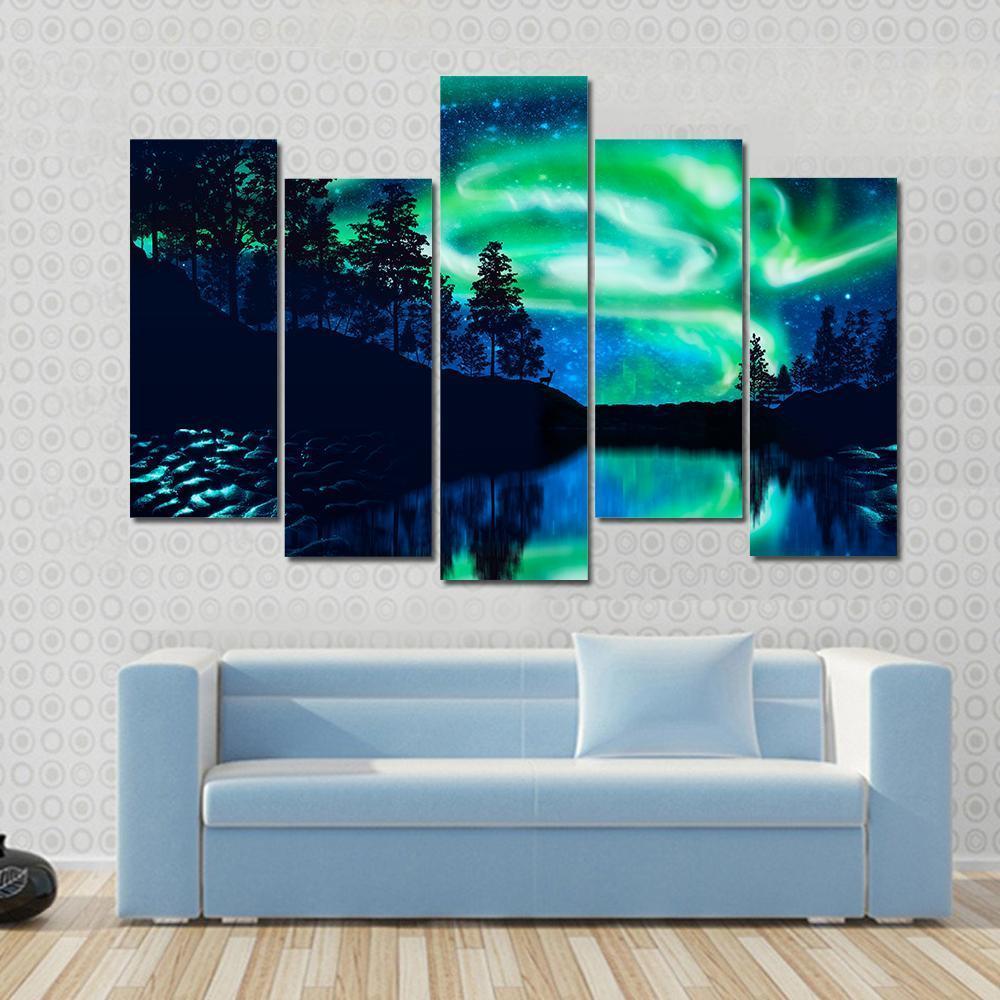 Aurora Borealis Above Lake Canvas Wall Art in black, green and blue, hung on a wall
