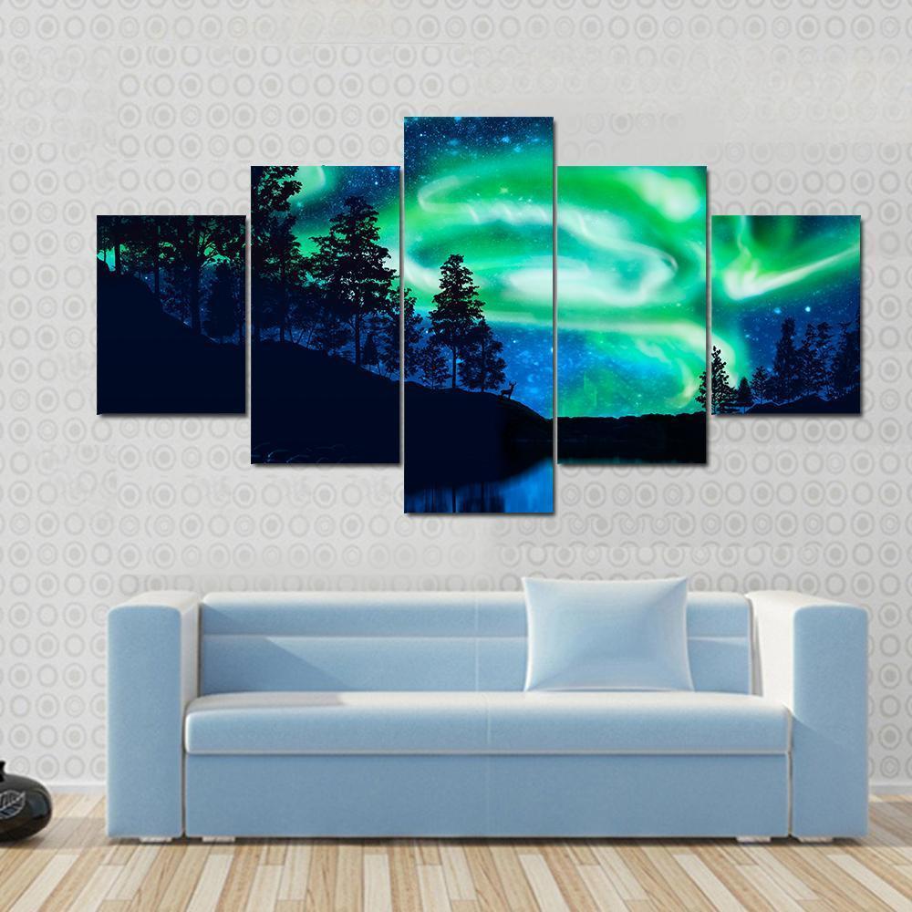 Aurora Borealis Above Lake Canvas Wall Art in black, green and blue, hung on a wall