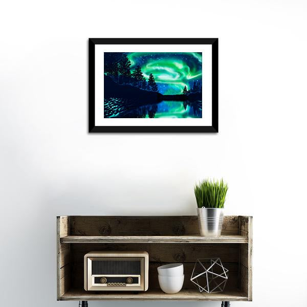 Aurora Borealis Above Lake Canvas Wall Art in black, green and blue, hung on a wall