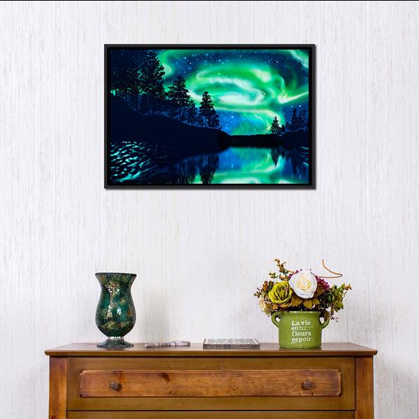Aurora Borealis Above Lake Canvas Wall Art in black, green and blue, hung on a wall