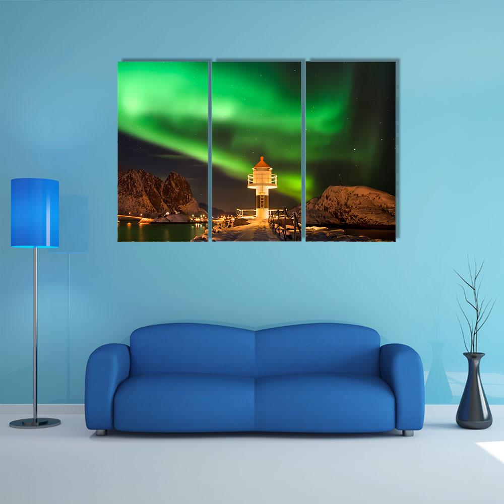 Aurora Borealis Above Lighthouse Lofoten Canvas Wall Art-3 Horizontal-Gallery Wrap-25" x 16"-Tiaracle