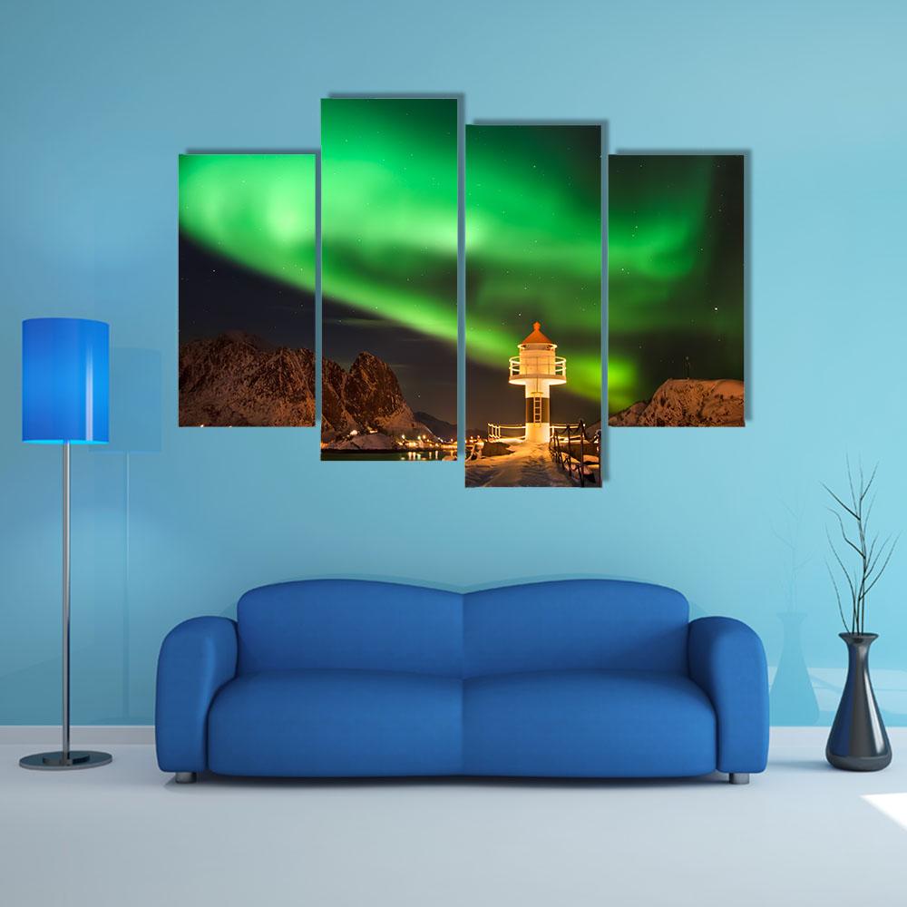 Aurora Borealis Above Lighthouse Lofoten Canvas Wall Art-4 Pop-Gallery Wrap-34" x 20"-Tiaracle