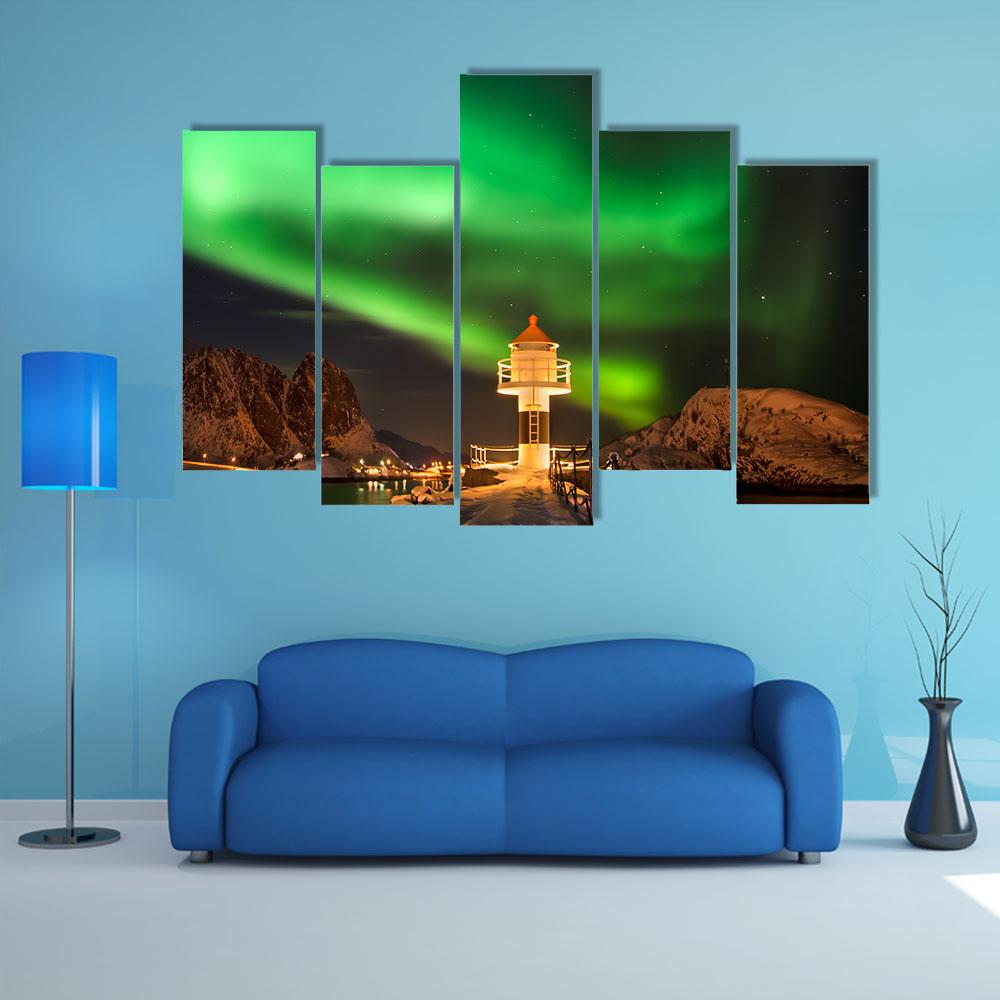 Aurora Borealis Above Lighthouse Lofoten Canvas Wall Art-5 Pop-Gallery Wrap-32" x 21"-Tiaracle
