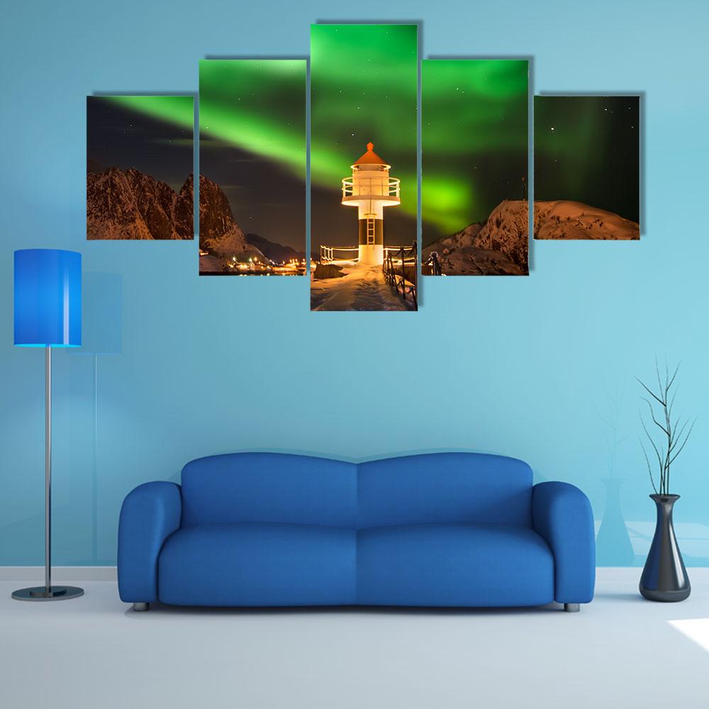 Aurora Borealis Above Lighthouse Lofoten Canvas Wall Art-5 Star-Gallery Wrap-42" x 21"-Tiaracle