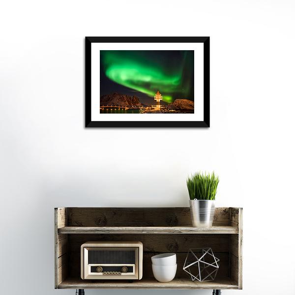 Aurora Borealis Above Lighthouse Lofoten Canvas Wall Art-1 Piece-Framed Print-20" x 16"-Tiaracle