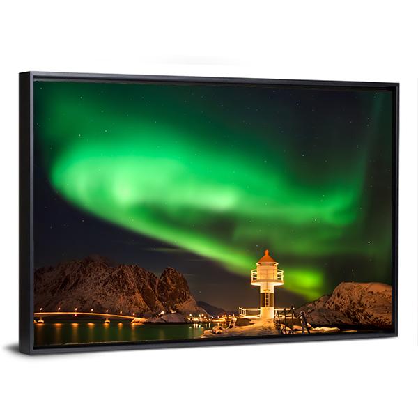 Aurora Borealis Above Lighthouse Lofoten Canvas Wall Art-3 Horizontal-Gallery Wrap-25" x 16"-Tiaracle