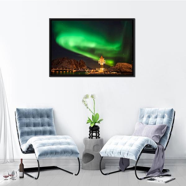Aurora Borealis Above Lighthouse Lofoten Canvas Wall Art-3 Horizontal-Gallery Wrap-25" x 16"-Tiaracle