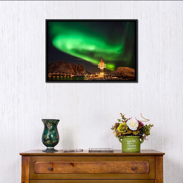Aurora Borealis Above Lighthouse Lofoten Canvas Wall Art-1 Piece-Floating Frame-24" x 16"-Tiaracle
