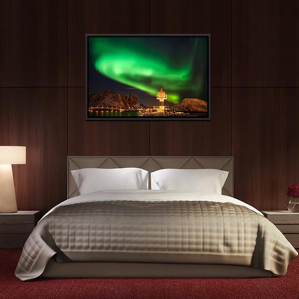 Aurora Borealis Above Lighthouse Lofoten Canvas Wall Art-3 Horizontal-Gallery Wrap-25" x 16"-Tiaracle