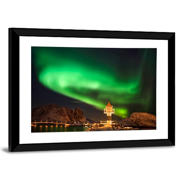 Aurora Borealis Above Lighthouse Lofoten Canvas Wall Art-3 Horizontal-Gallery Wrap-25" x 16"-Tiaracle