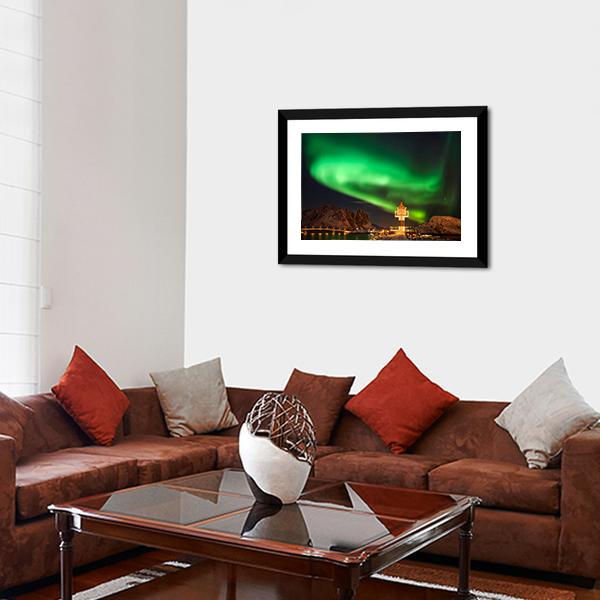 Aurora Borealis Above Lighthouse Lofoten Canvas Wall Art-3 Horizontal-Gallery Wrap-25" x 16"-Tiaracle