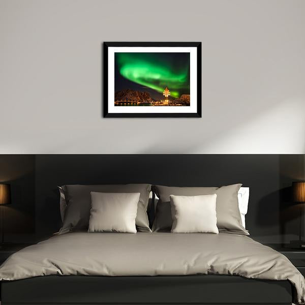 Aurora Borealis Above Lighthouse Lofoten Canvas Wall Art-3 Horizontal-Gallery Wrap-25" x 16"-Tiaracle