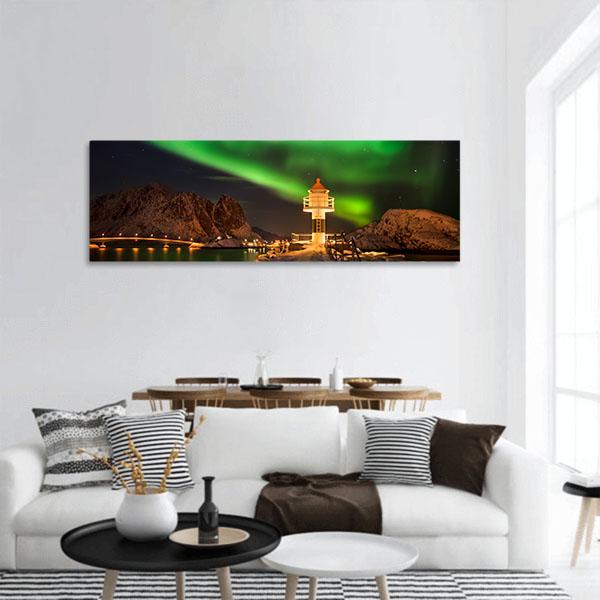 Aurora Borealis Above Lighthouse Lofoten Panoramic Canvas Wall Art-1 Piece-36" x 12"-Tiaracle