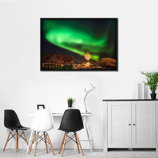 Aurora Borealis Above Lighthouse Lofoten Panoramic Canvas Wall Art-1 Piece-36" x 12"-Tiaracle