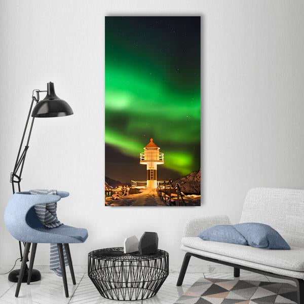 Aurora Borealis Above Lighthouse Lofoten Vertical Canvas Wall Art-1 Vertical-Gallery Wrap-12" x 24"-Tiaracle