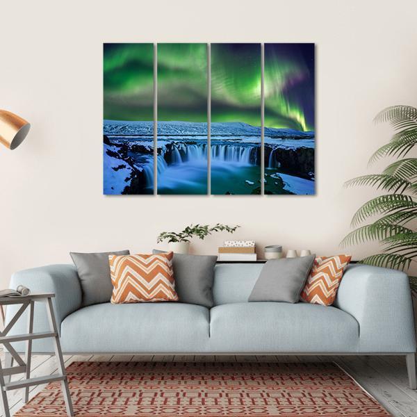 Aurora At Godafoss Waterfall Canvas Wall Art-4 Horizontal-Gallery Wrap-34" x 24"-Tiaracle