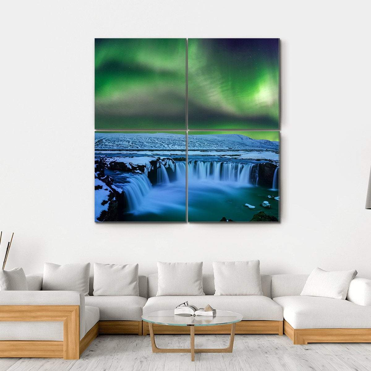 Aurora At Godafoss Waterfall Canvas Wall Art-4 Square-Gallery Wrap-17" x 17"-Tiaracle