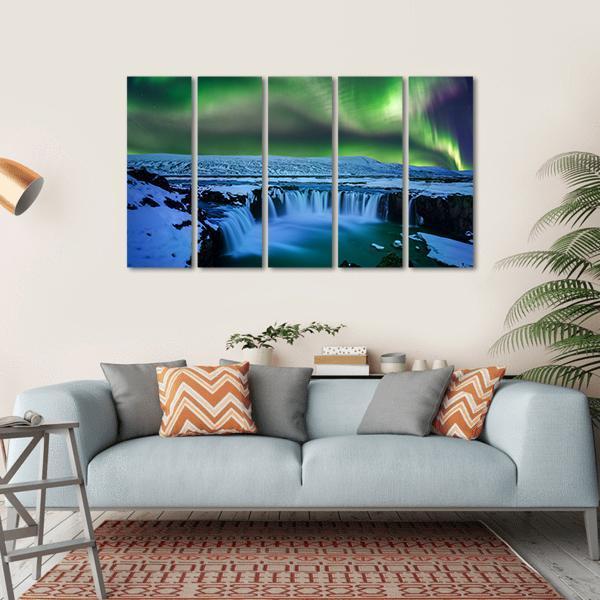 Aurora At Godafoss Waterfall Canvas Wall Art-5 Horizontal-Gallery Wrap-22" x 12"-Tiaracle