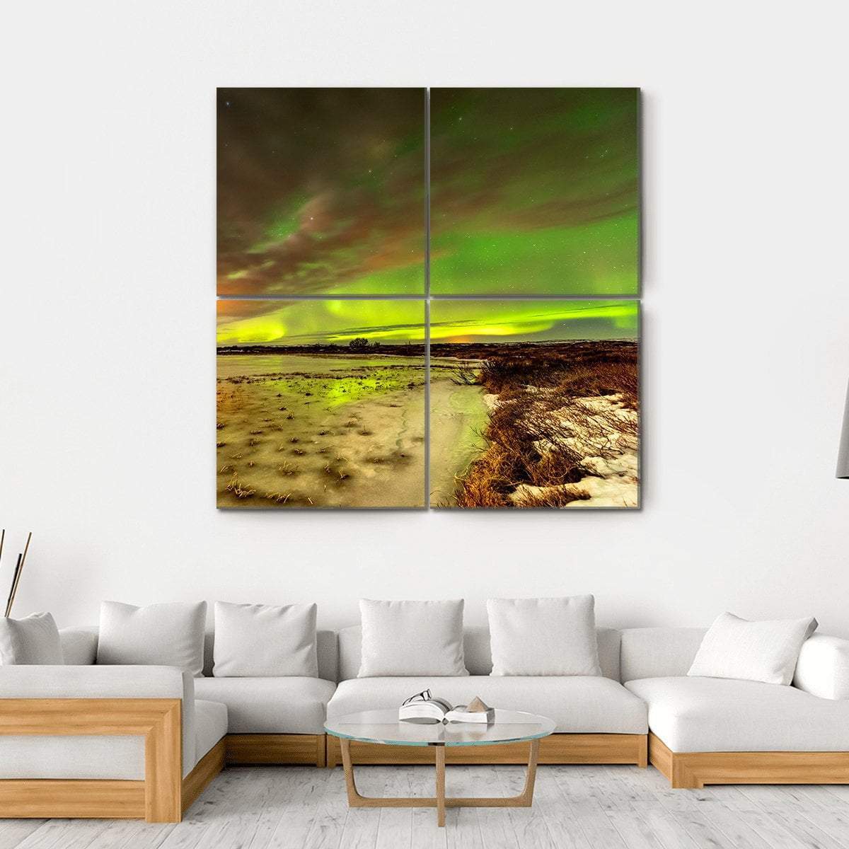 Aurora Borealis Over Frozen Lake Canvas Wall Art-4 Square-Gallery Wrap-17" x 17"-Tiaracle