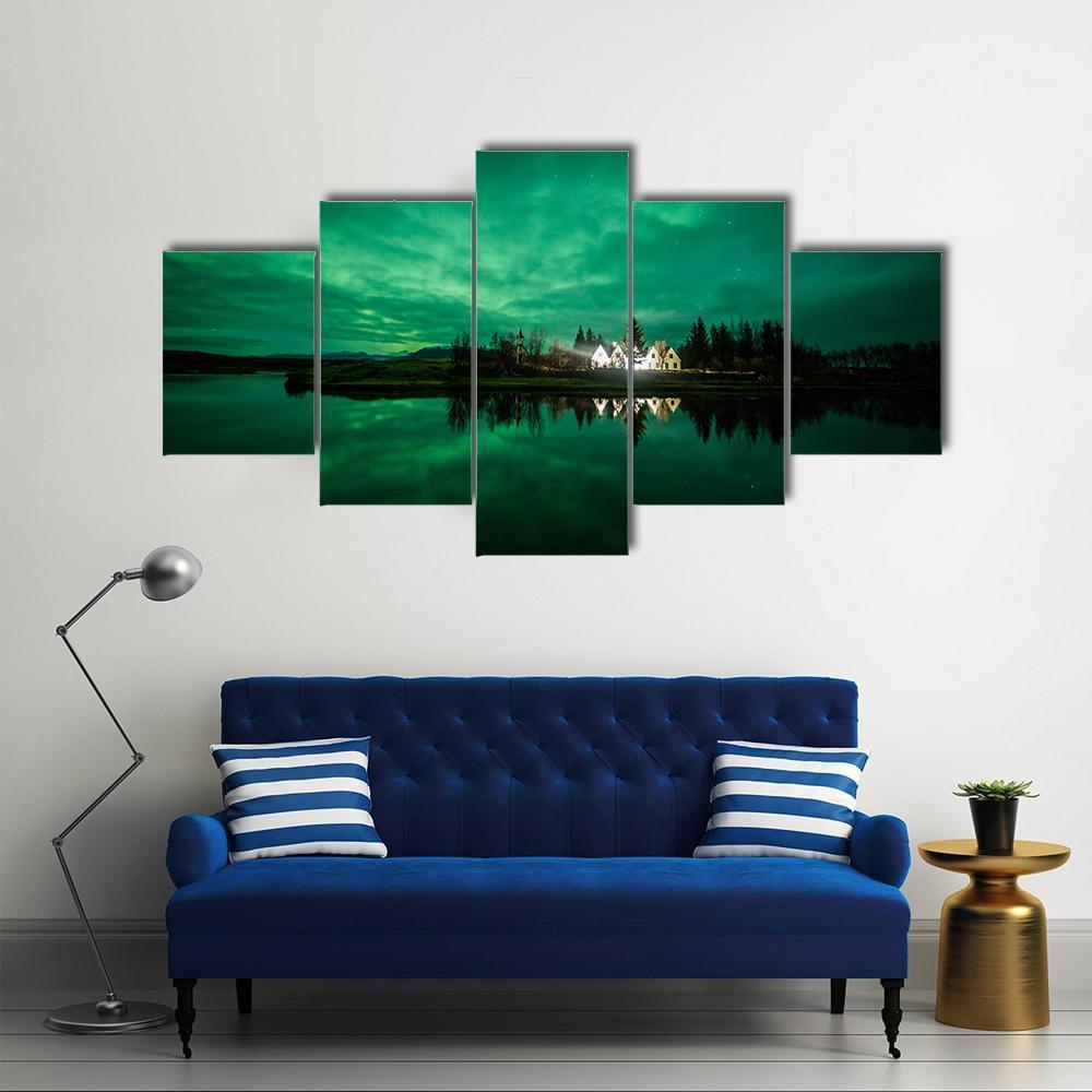 Aurora Borealis Iceland Canvas Wall Art-5 Star-Gallery Wrap-62" x 32"-Tiaracle