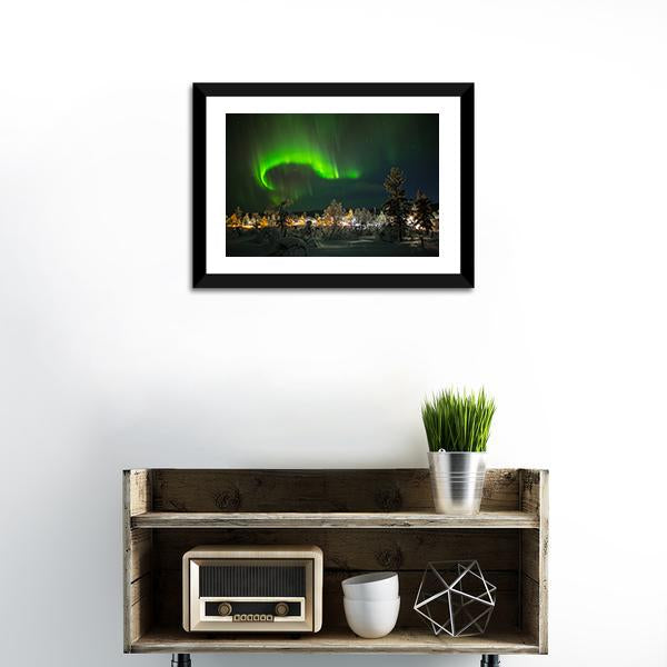 Aurora Borealis in Lapland Canvas Wall Art in black and green, 4 panel Pop layout hung on a wall