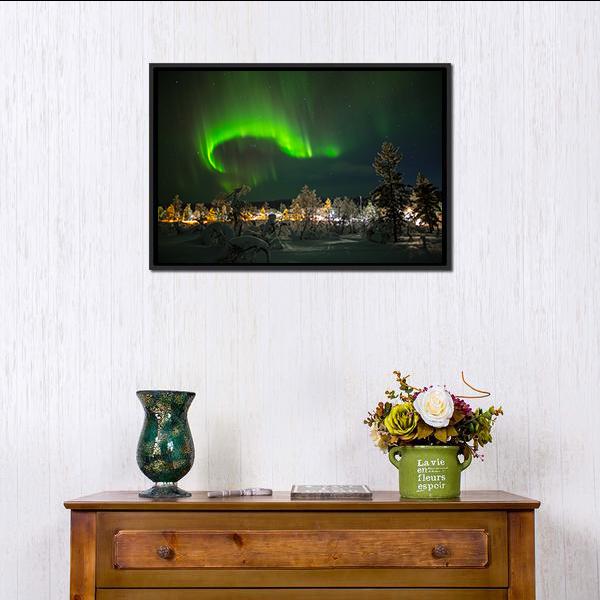 Aurora Borealis in Lapland Canvas Wall Art in black and green, 4 panel Pop layout hung on a wall