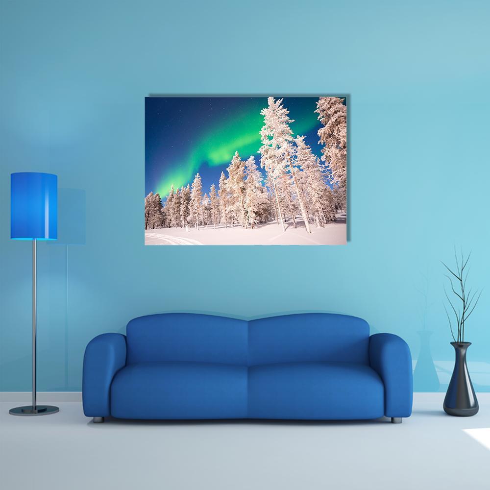 Aurora Borealis Over Lapland, Finland Canvas Wall Art in white, green and blue, single panel hung on a wall