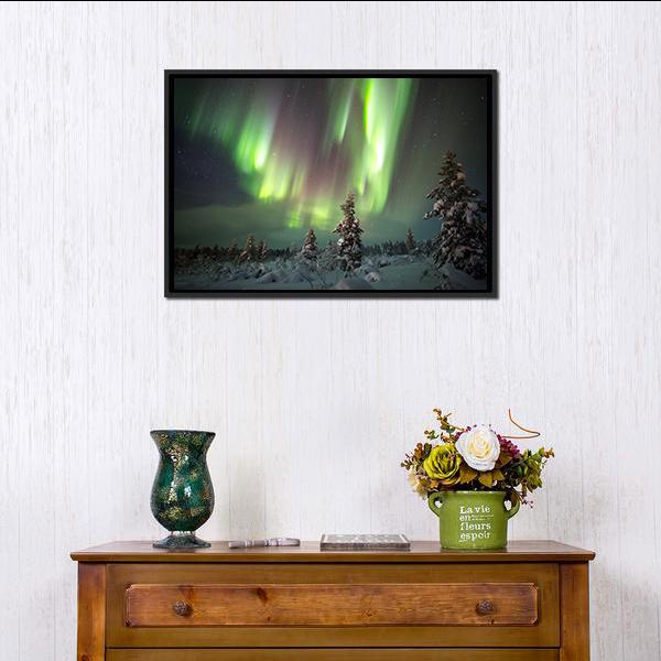Aurora Borealis In Northern Europe Canvas Wall Art-1 Piece-Floating Frame-24" x 16"-Tiaracle