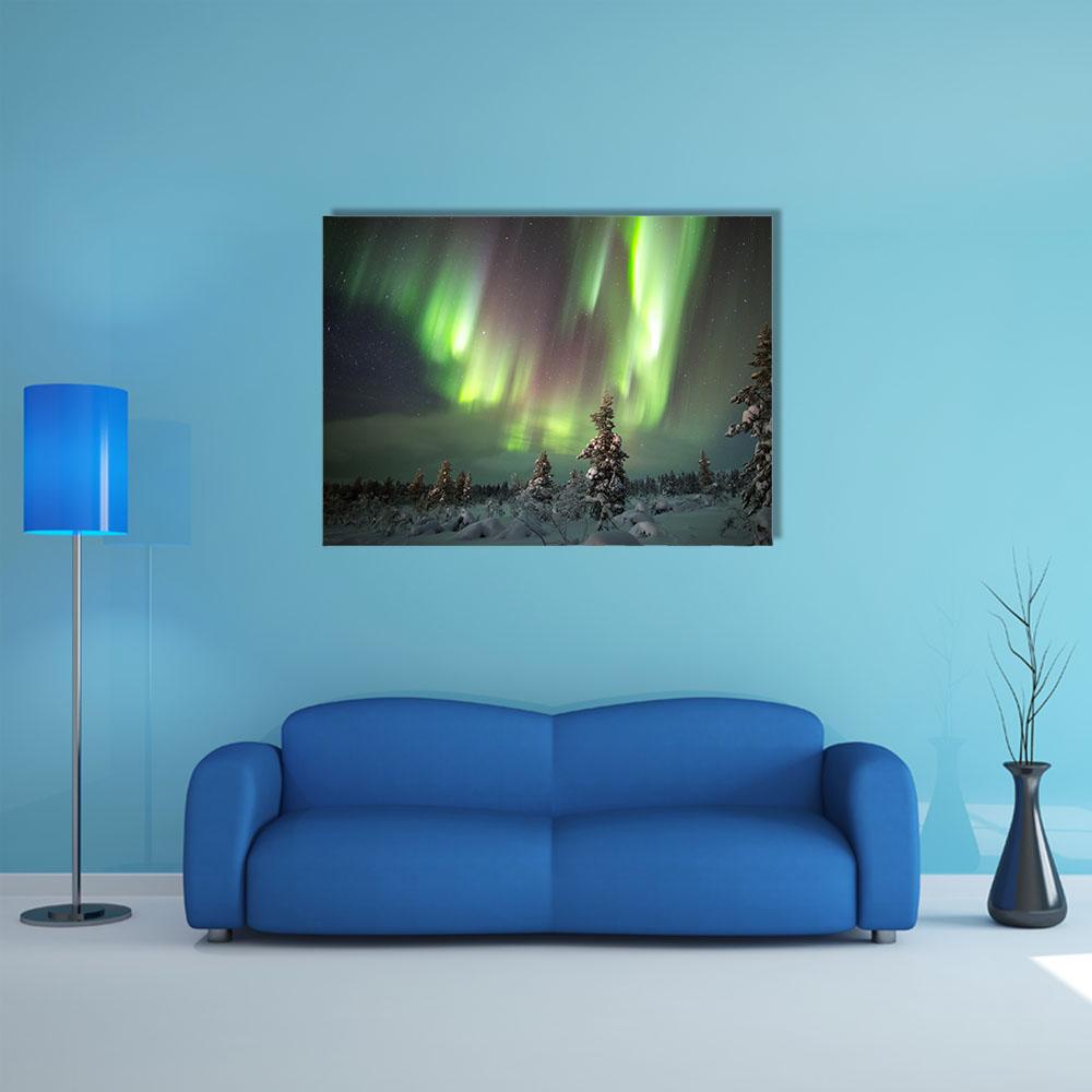 Aurora Borealis Over Snowy Pine Forest Canvas Wall Art in black, white and green, single panel hung on a wall