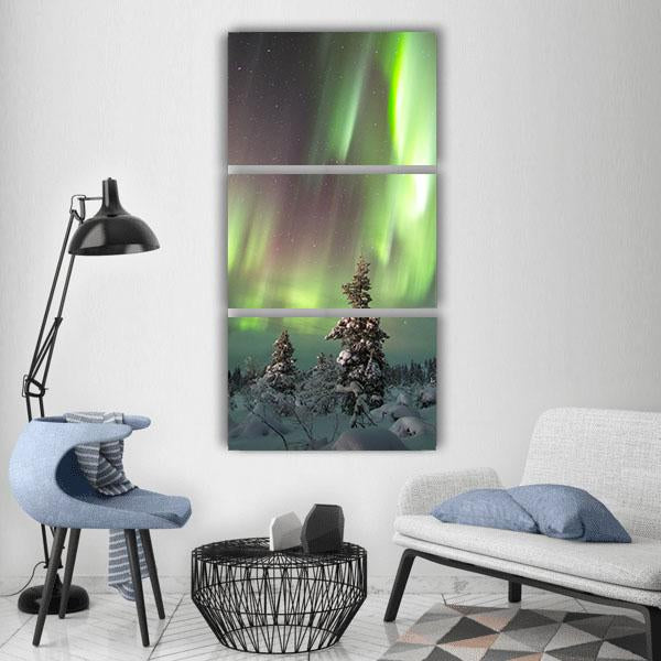 Aurora Borealis Over Snow-covered Pines Vertical Canvas Wall Art in black, white and green, hung on a wall