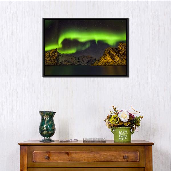 Aurora Borealis Lofoten Islands Canvas Wall Art in black, yellow and green, 3 panel horizontal set hung on a wall