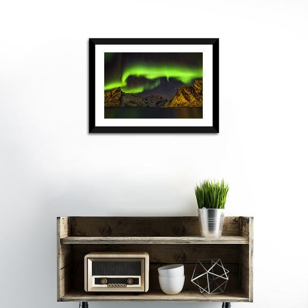 Aurora Borealis Lofoten Islands Canvas Wall Art in black, yellow and green, framed print, product view on a white background