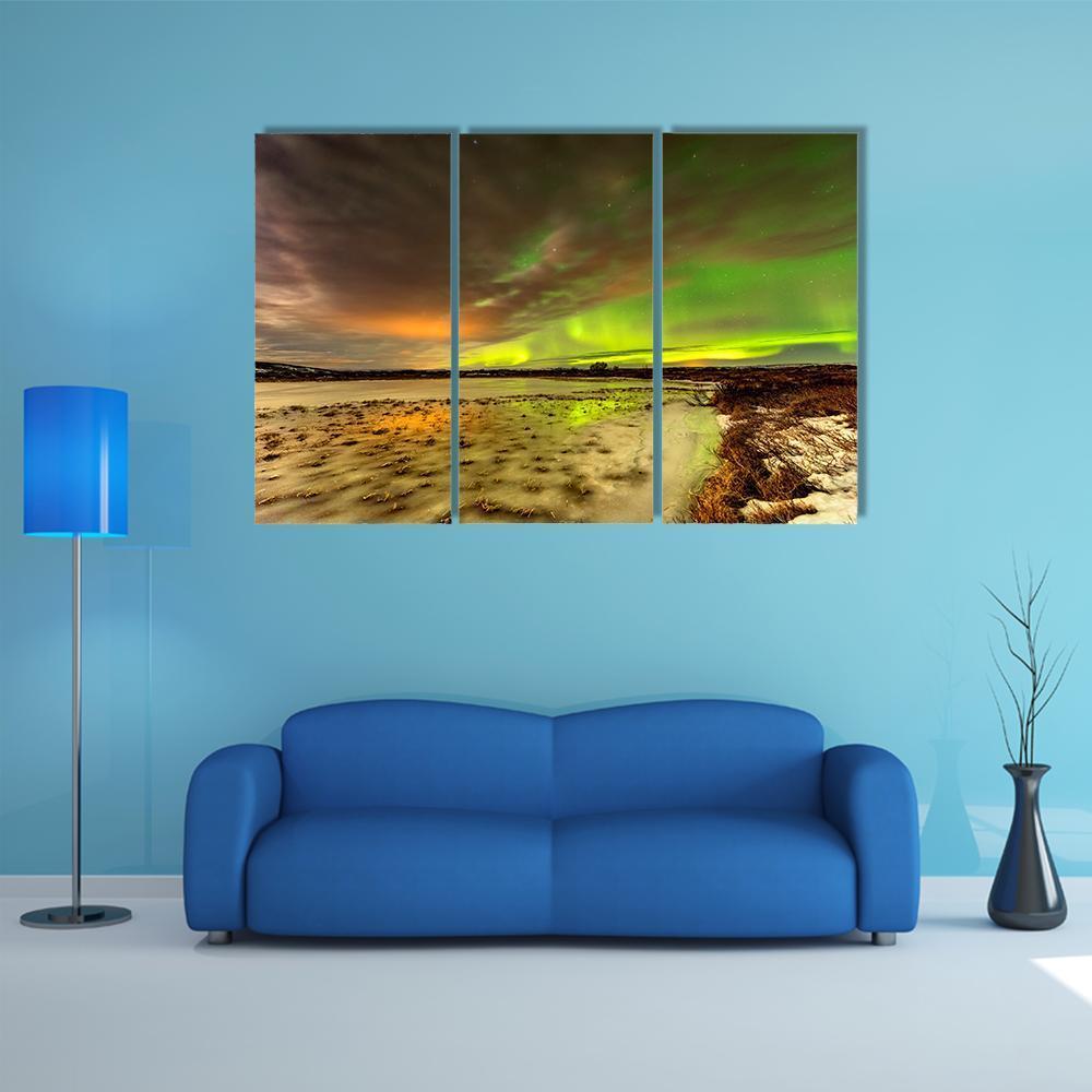 Aurora Borealis Over Frozen Lake Canvas Wall Art-3 Horizontal-Gallery Wrap-37" x 24"-Tiaracle