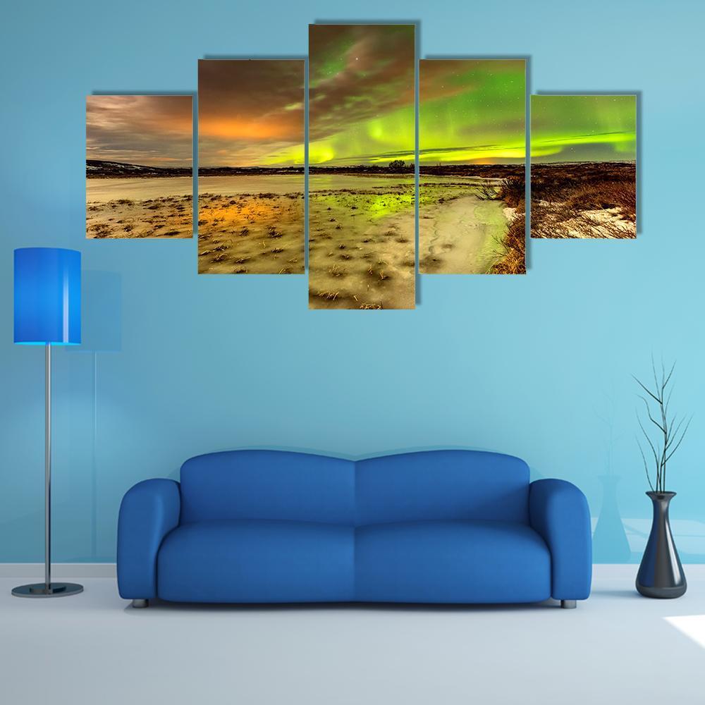 Aurora Borealis Over Frozen Lake Canvas Wall Art-5 Star-Gallery Wrap-62" x 32"-Tiaracle