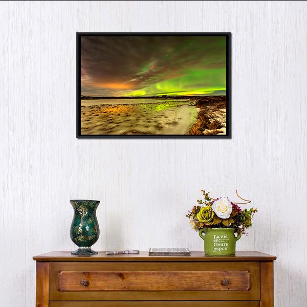Aurora Borealis Over Frozen Lake Panoramic Canvas Wall Art-1 Piece-36" x 12"-Tiaracle