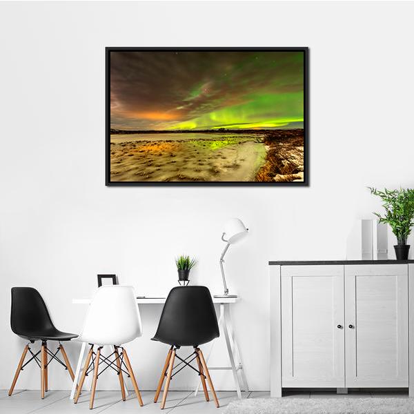Aurora Borealis Over Frozen Lake Panoramic Canvas Wall Art-1 Piece-36" x 12"-Tiaracle